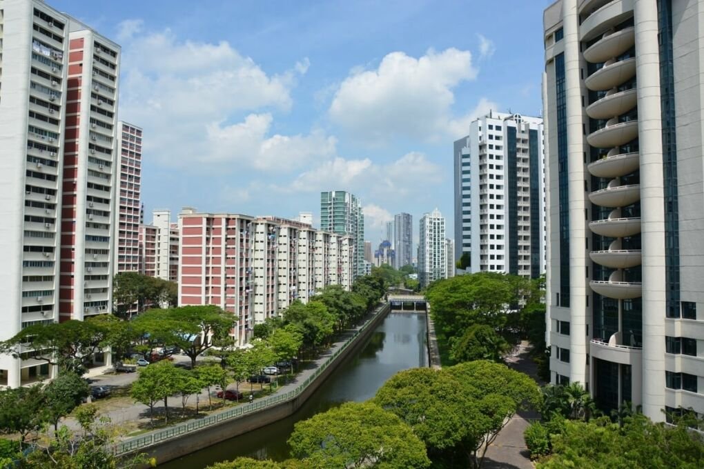Tall buildings at Robertson's Quay, a residential area along the Singapore River.