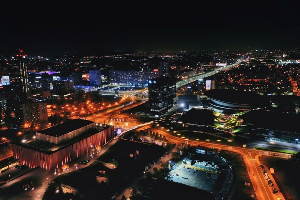 Aerial view of Katowice, Poland at night