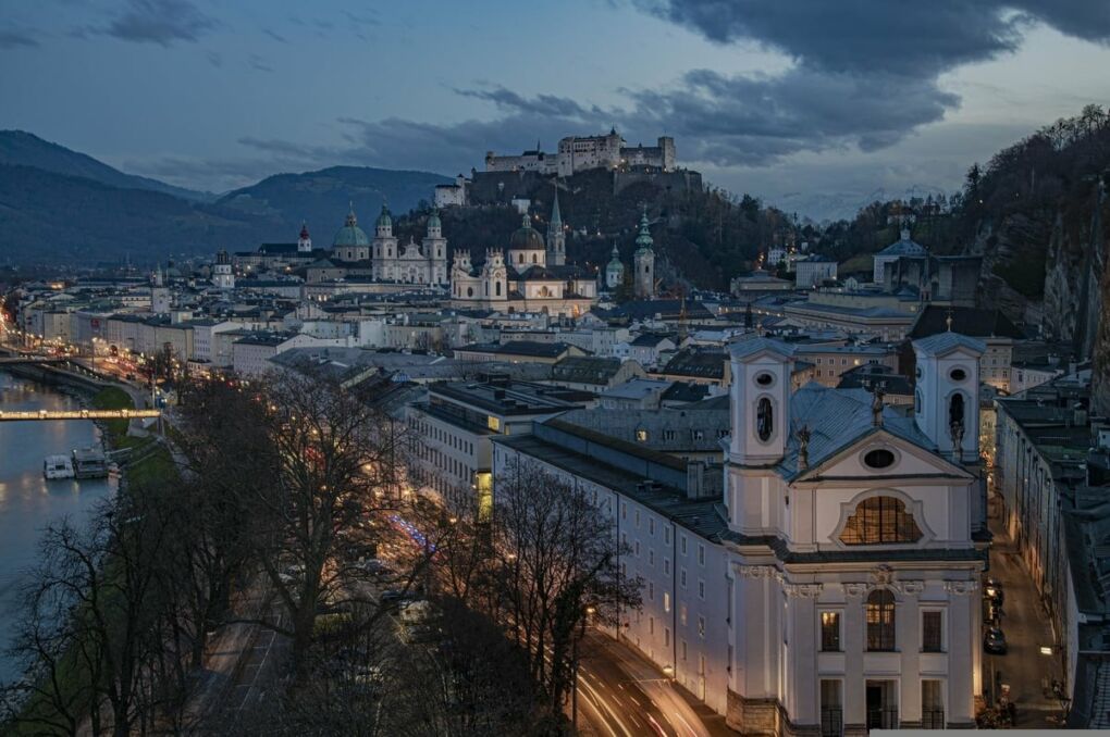 View of Salzburg from above at dusk