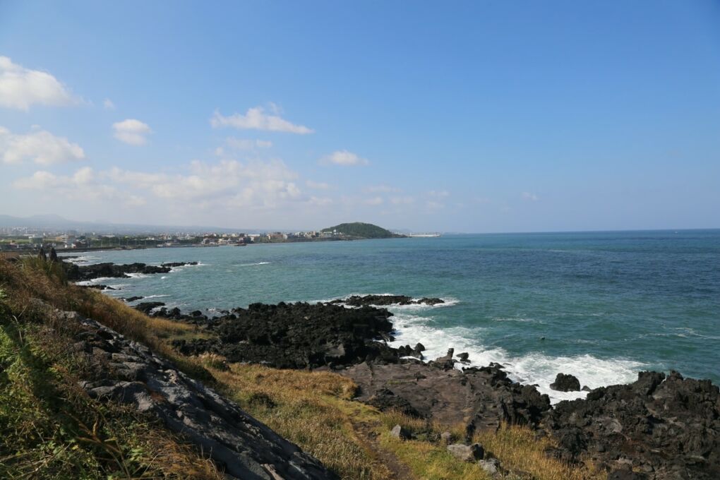 View from a hillside of the beach and Jeju City in the far distance