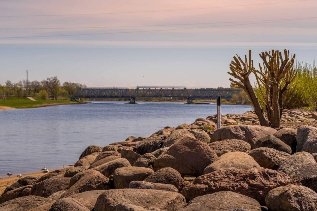 View of river and bridge in Jelgava