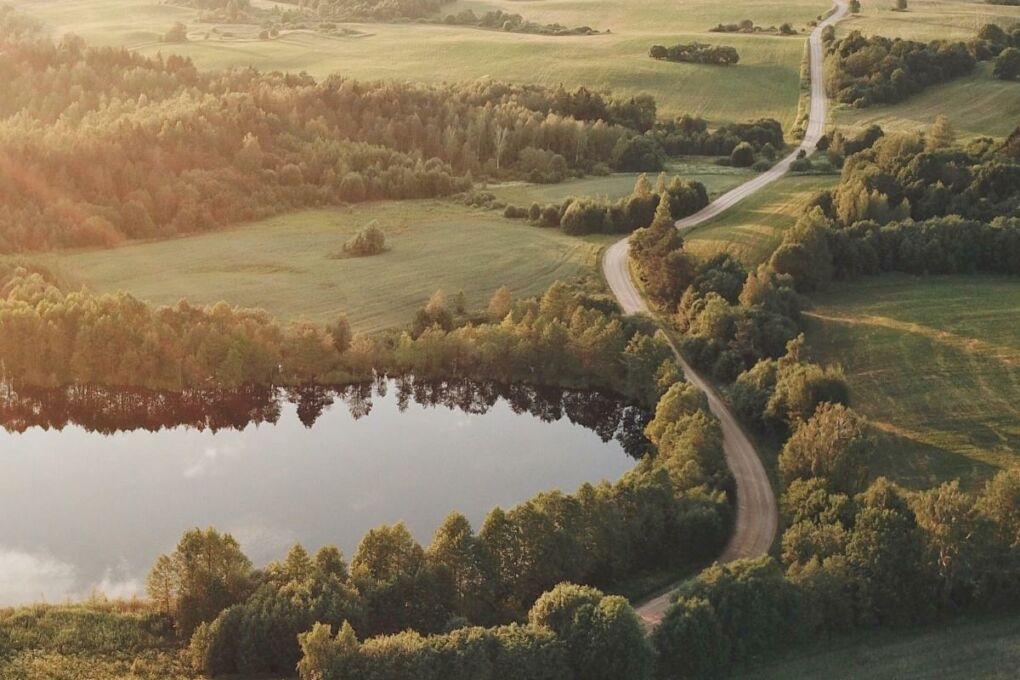 Aerial view of fields and waterway in Belarus