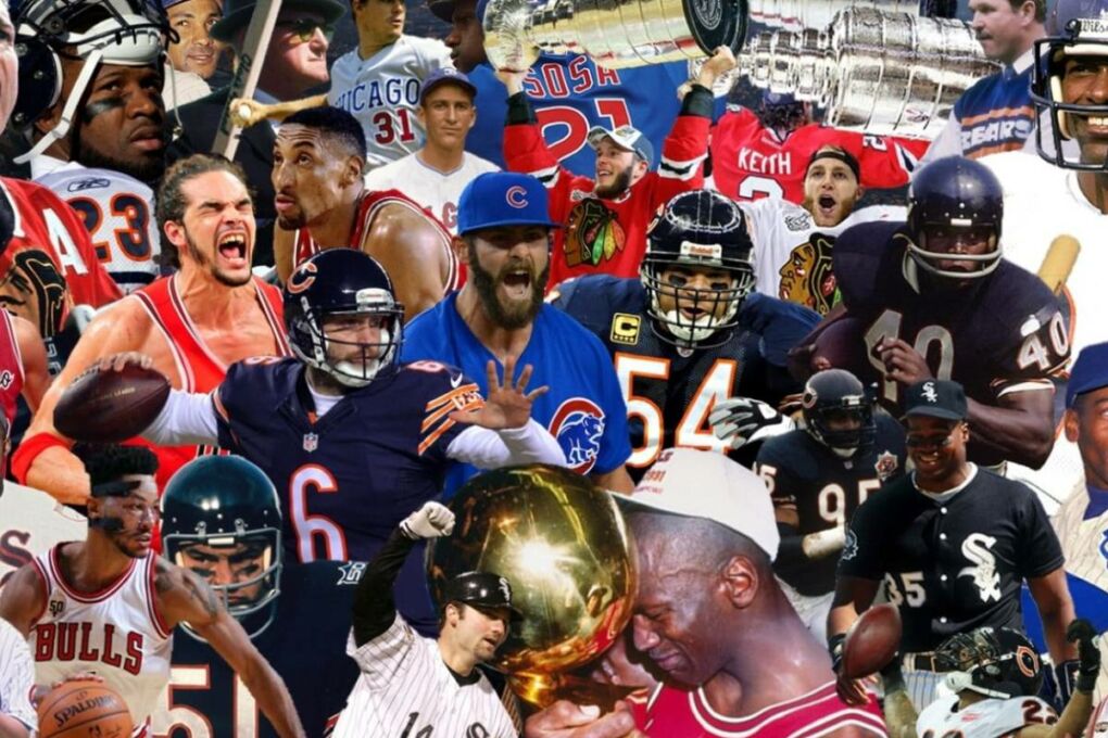 a collage of Chicagoan sports legends. 