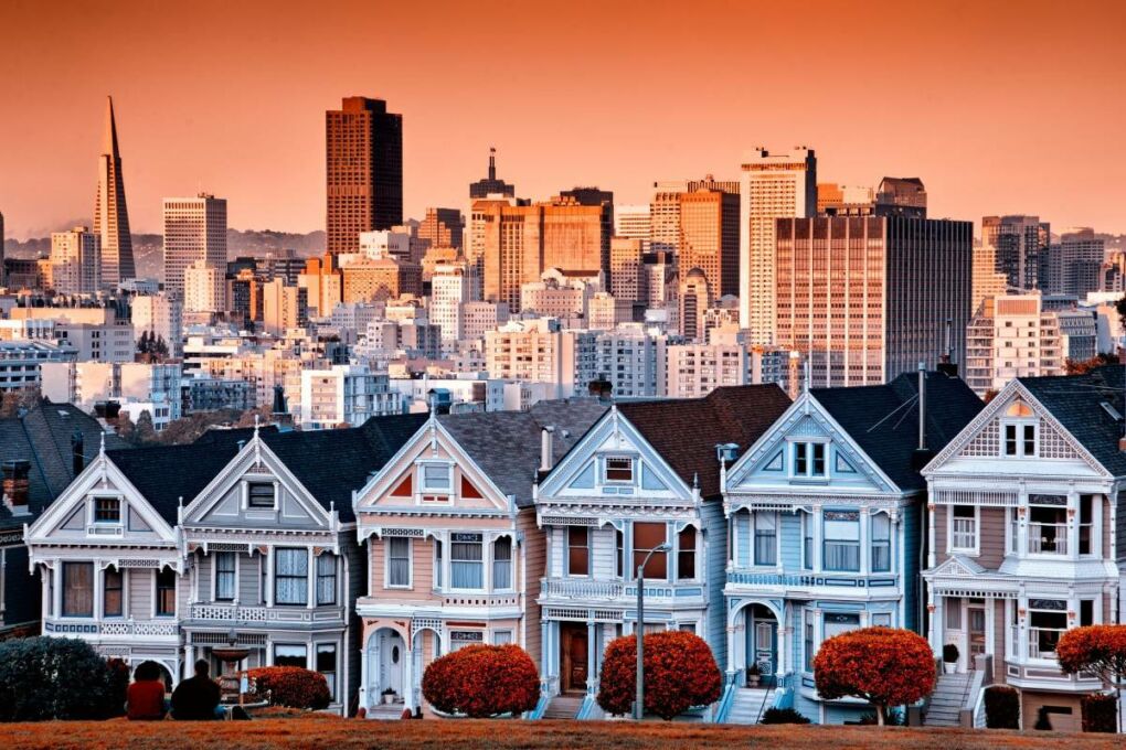 Pastel colored houses in a San Francisco neighborhood.