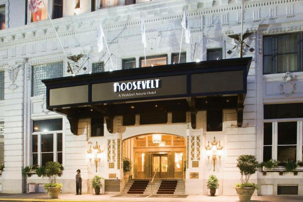 The entrance to the Roosevelt hotel in New Orleans.