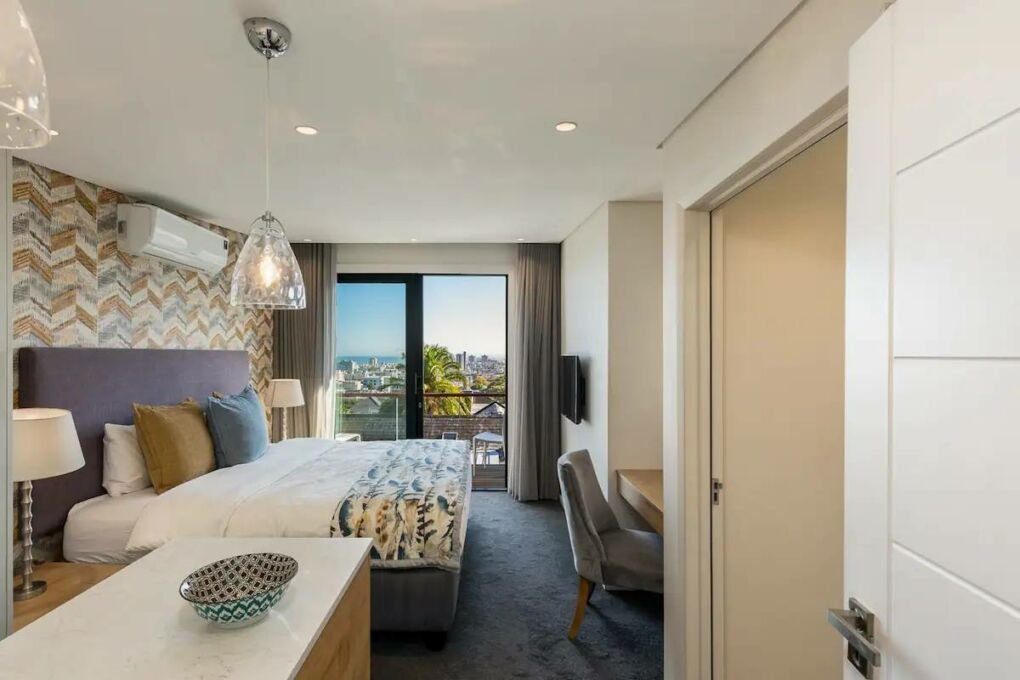 Main bedroom of the designer loft in Sea Point