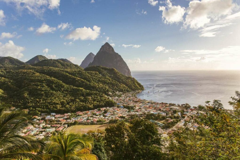 Gros Piton and Petit Piton Peaks and ocean.