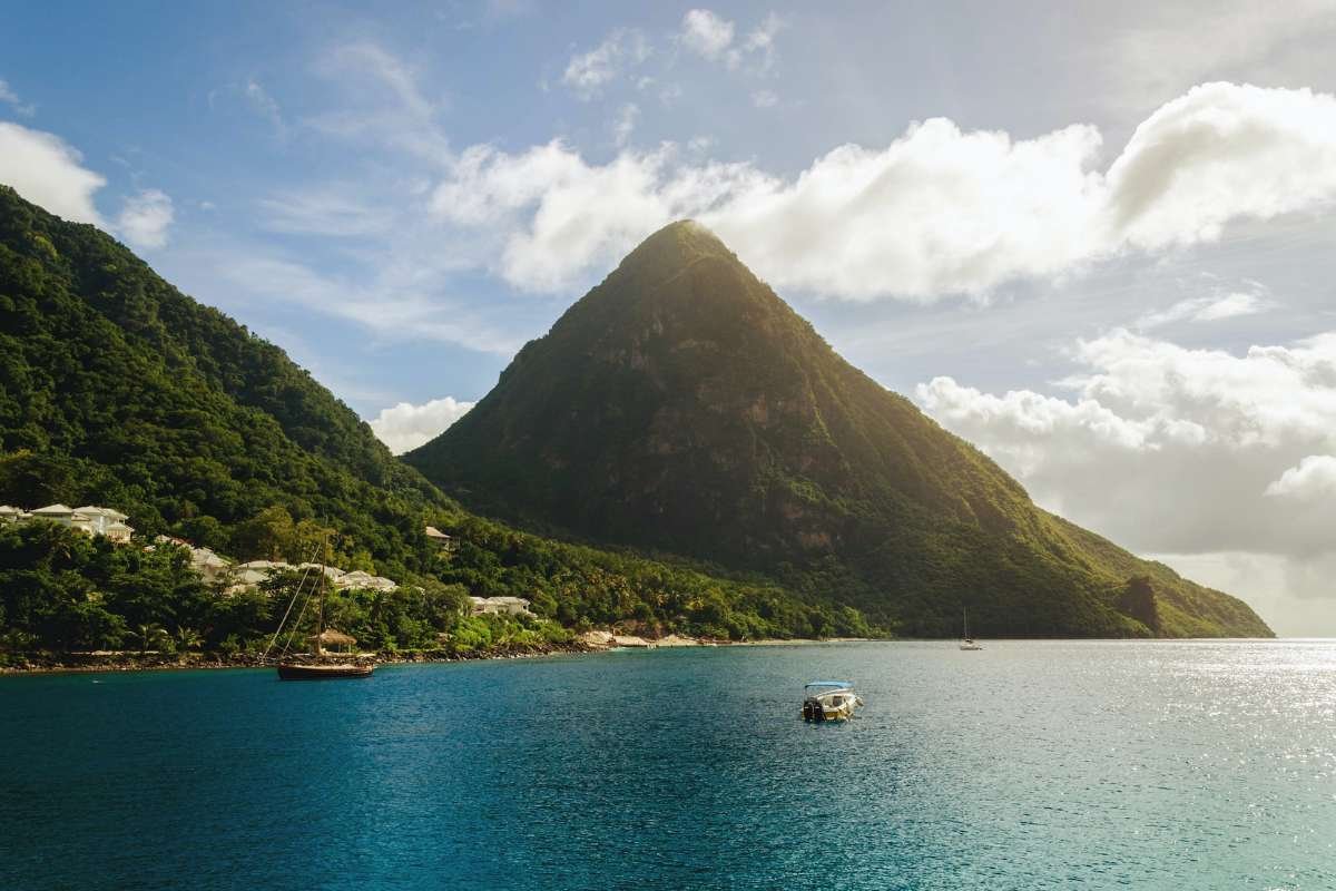 View of Gros Piton and Petit Piton Peaks from the ocean.