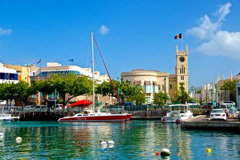 Red catamaran in Bridgetown Harbour in Barbados 