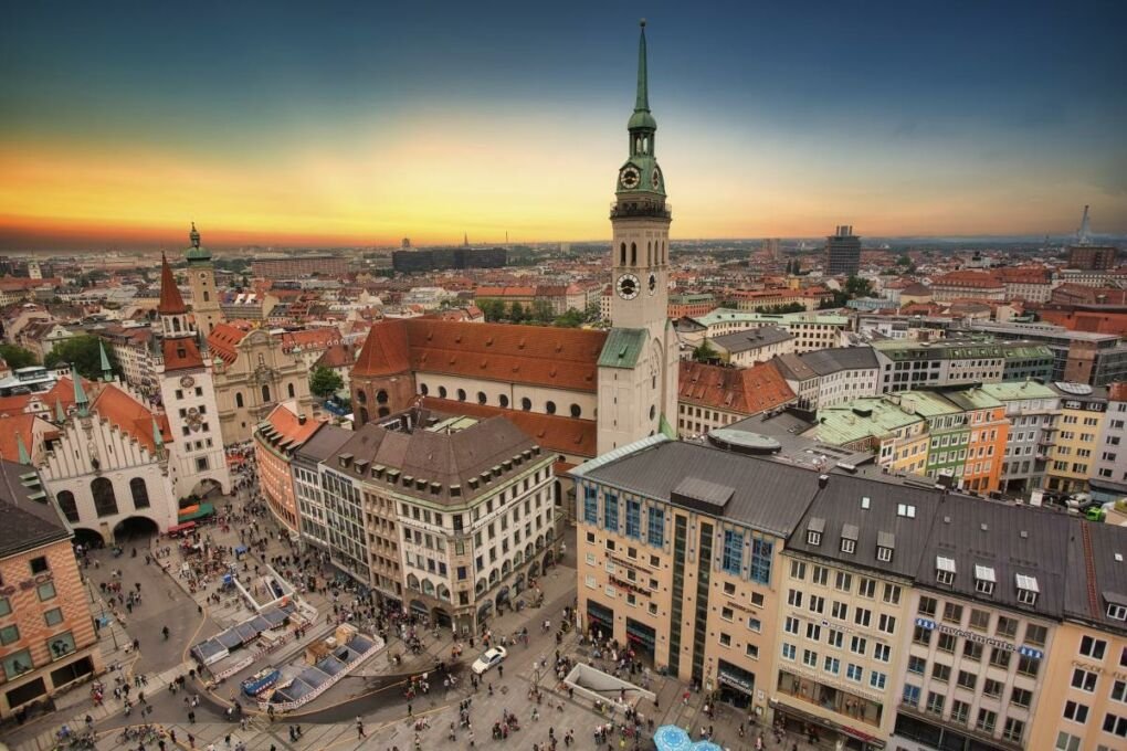 aerial view of city buildings during sunset