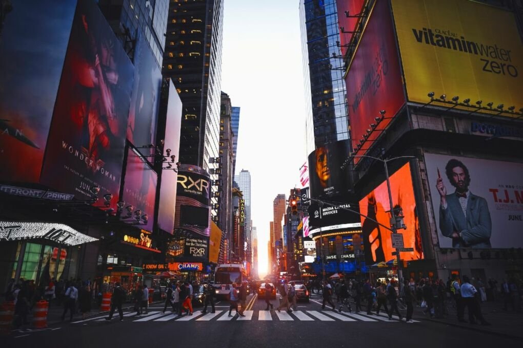 A colorful scene of a street in New York City