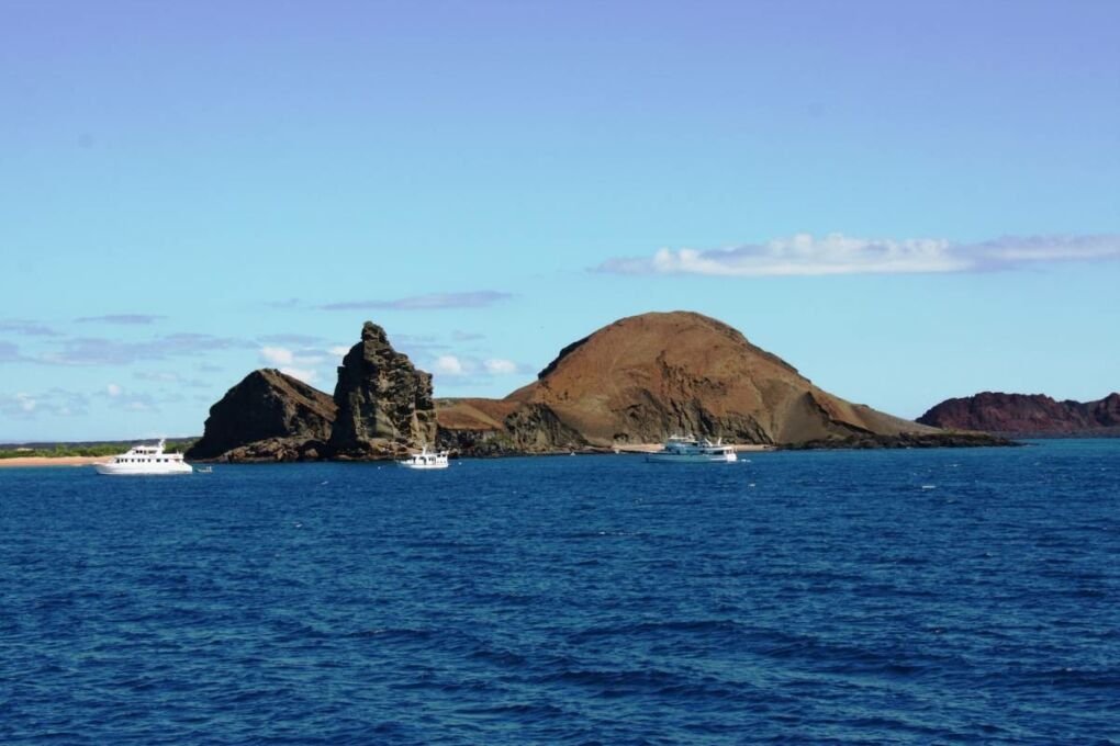 View of Pinnacle Rock in the Galapagos from a distance