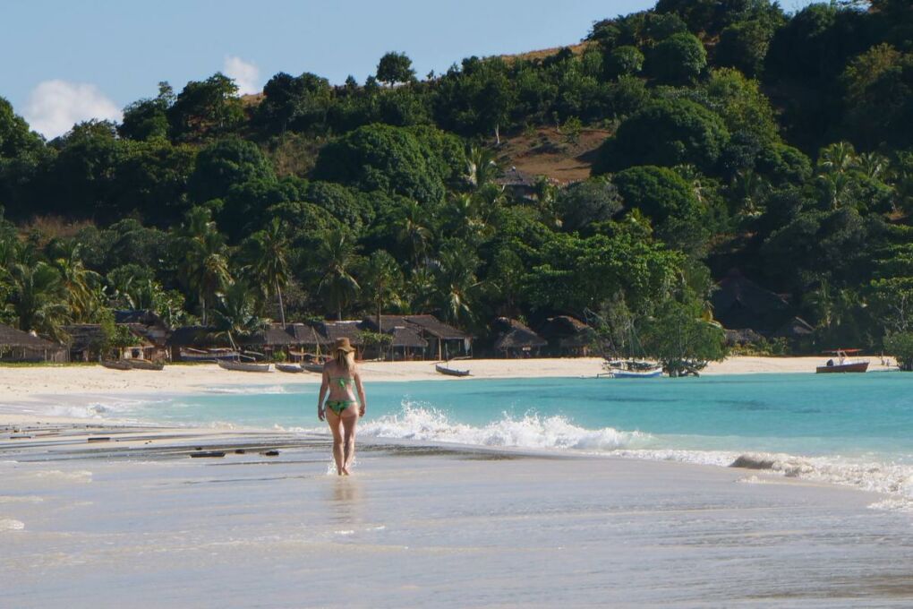 A tourist enjoying Nosey Iranga beach in Madagascar