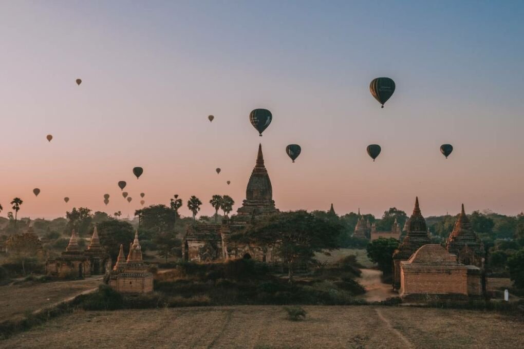 Hot Air balloons in the sky at sunset in Myanmar