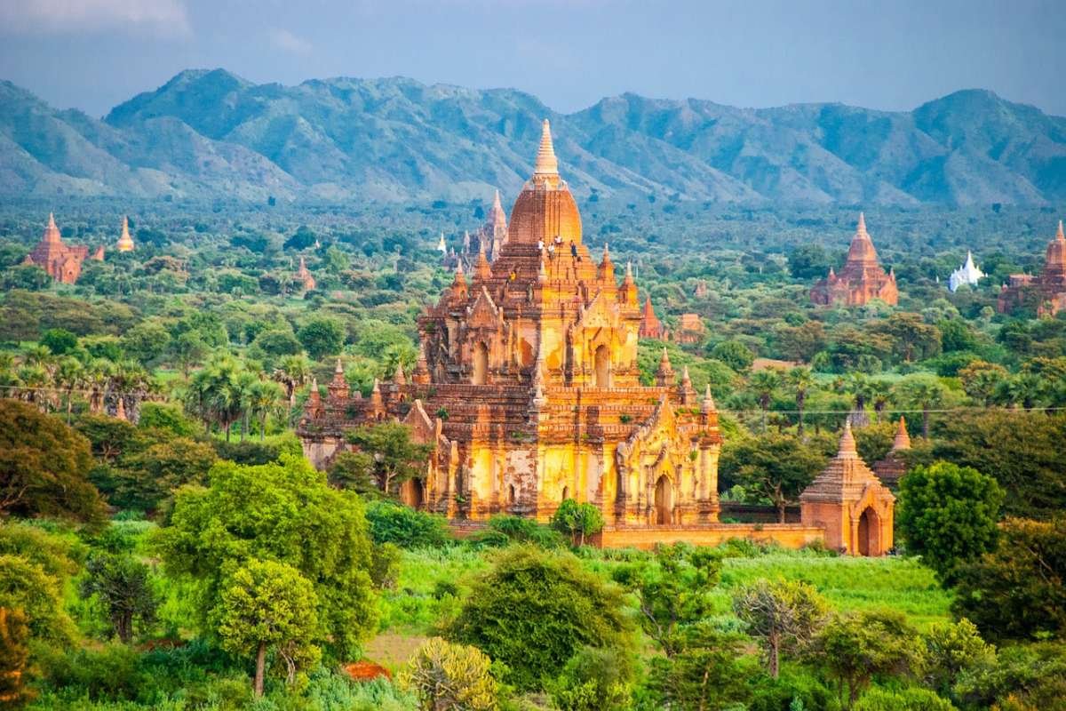 Sun shining brightly over Bagan Pagoda in Myanmar