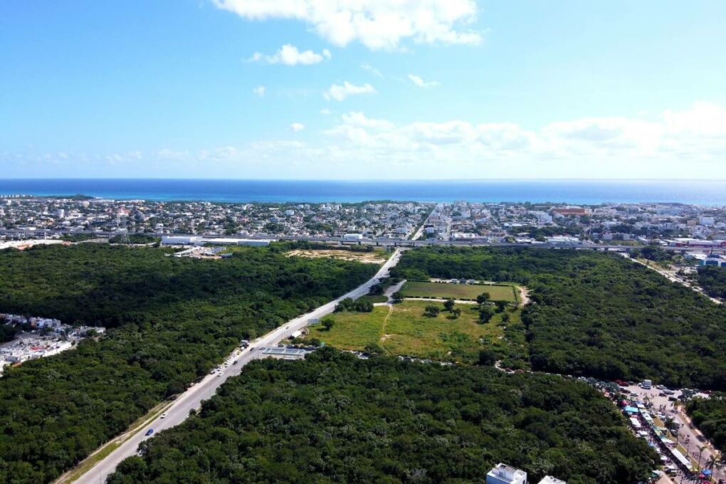An aerial view of Playa del Carmen's lush greenery, buildings and surrounding seas
