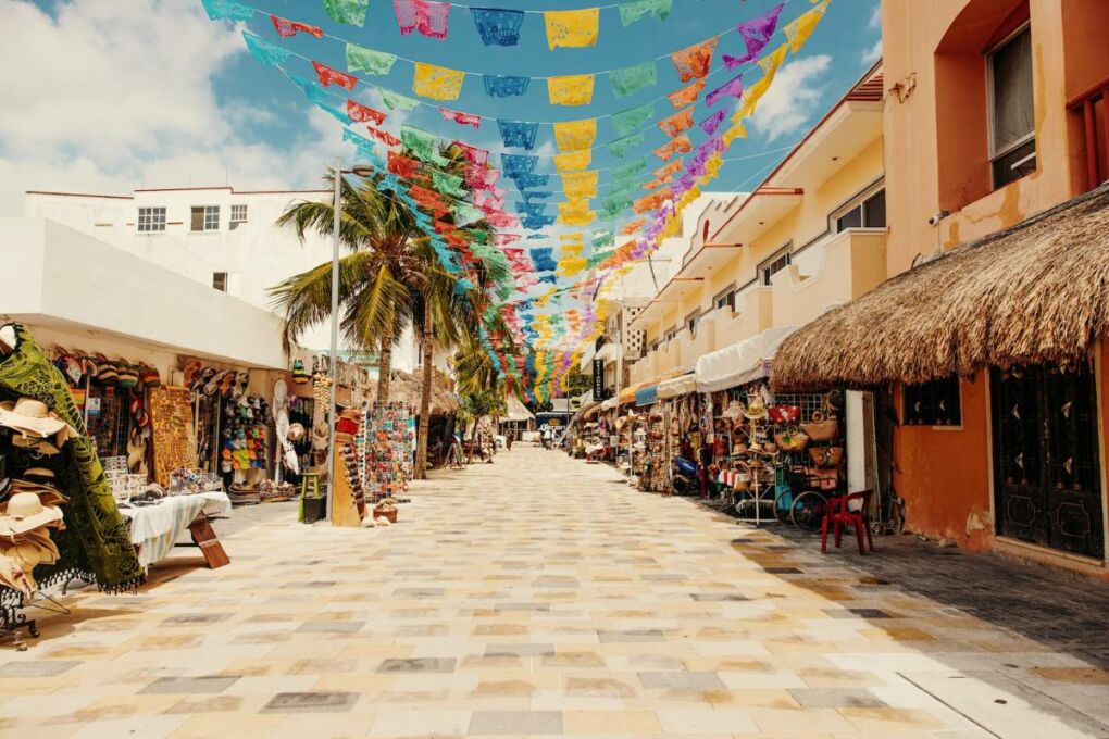 Streets of Playa del Carmen lined with colorful decorations