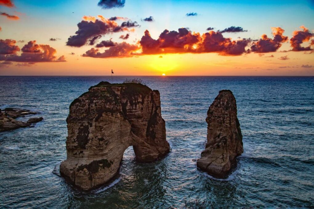 Raouche Rocks and view of the sea at sunset in Beirut