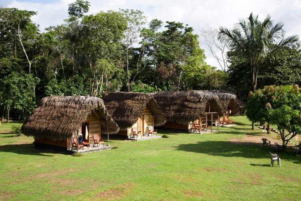 Thatch tourist cabins in Suriname|Coastal view of Suriname|The colonial architecture Paramaribo|Tourist at a river in Suriname|A pier on the Suriname river|A plantation in a rural area of Suriname|View of the Saint Peter and Paul Cathedral tourist attraction|A beautiful sunset in Suriname|Friendly locals in Suriname|Tourist relaxing in Surinamr